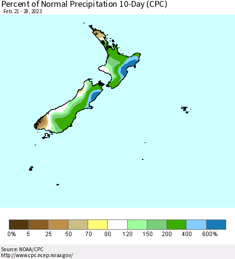 New Zealand Percent of Normal Precipitation 10-Day (CPC) Thematic Map For 2/21/2023 - 2/28/2023