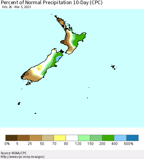 New Zealand Percent of Normal Precipitation 10-Day (CPC) Thematic Map For 2/26/2023 - 3/5/2023