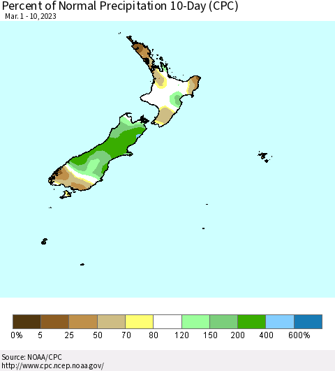 New Zealand Percent of Normal Precipitation 10-Day (CPC) Thematic Map For 3/1/2023 - 3/10/2023