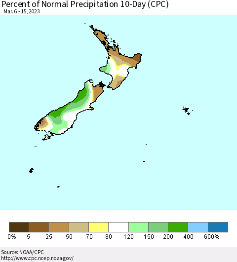 New Zealand Percent of Normal Precipitation 10-Day (CPC) Thematic Map For 3/6/2023 - 3/15/2023