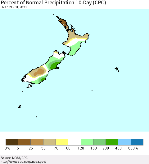 New Zealand Percent of Normal Precipitation 10-Day (CPC) Thematic Map For 3/21/2023 - 3/31/2023