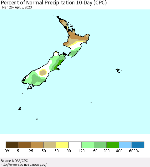 New Zealand Percent of Normal Precipitation 10-Day (CPC) Thematic Map For 3/26/2023 - 4/5/2023