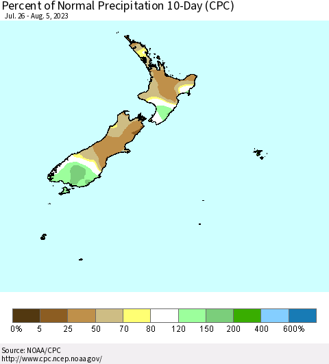 New Zealand Percent of Normal Precipitation 10-Day (CPC) Thematic Map For 7/26/2023 - 8/5/2023