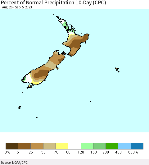 New Zealand Percent of Normal Precipitation 10-Day (CPC) Thematic Map For 8/26/2023 - 9/5/2023