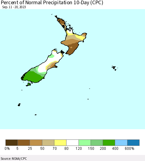 New Zealand Percent of Normal Precipitation 10-Day (CPC) Thematic Map For 9/11/2023 - 9/20/2023