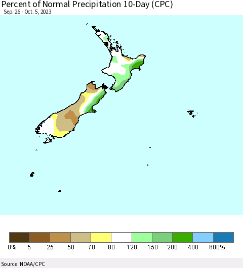 New Zealand Percent of Normal Precipitation 10-Day (CPC) Thematic Map For 9/26/2023 - 10/5/2023
