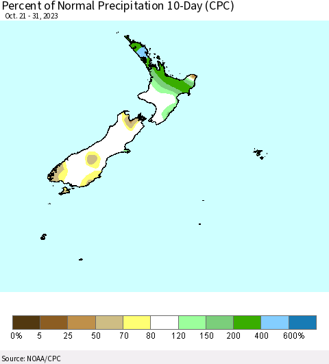 New Zealand Percent of Normal Precipitation 10-Day (CPC) Thematic Map For 10/21/2023 - 10/31/2023