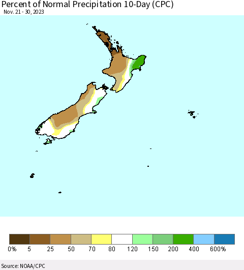 New Zealand Percent of Normal Precipitation 10-Day (CPC) Thematic Map For 11/21/2023 - 11/30/2023