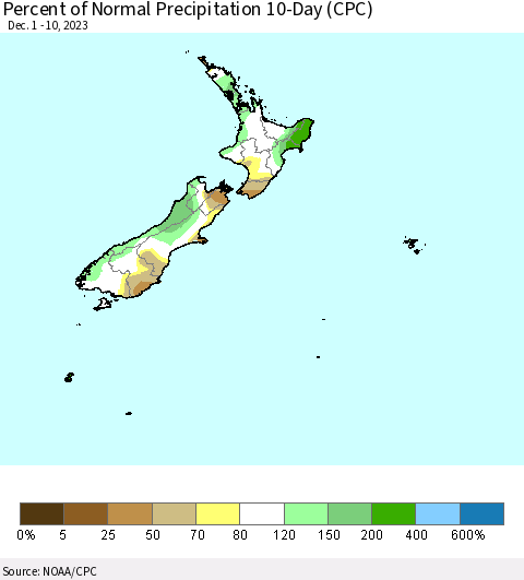 New Zealand Percent of Normal Precipitation 10-Day (CPC) Thematic Map For 12/1/2023 - 12/10/2023