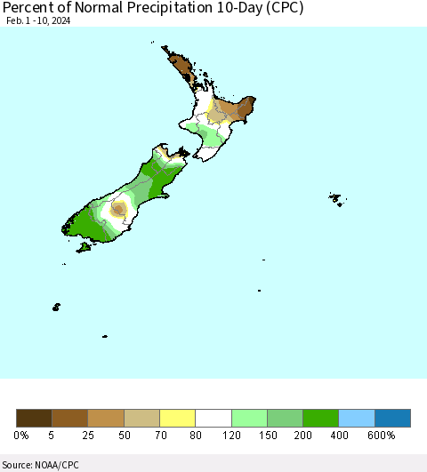 New Zealand Percent of Normal Precipitation 10-Day (CPC) Thematic Map For 2/1/2024 - 2/10/2024