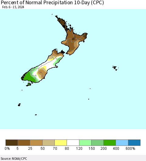 New Zealand Percent of Normal Precipitation 10-Day (CPC) Thematic Map For 2/6/2024 - 2/15/2024