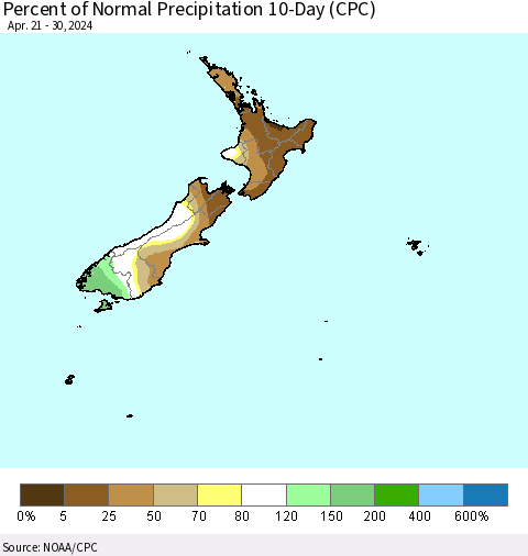 New Zealand Percent of Normal Precipitation 10-Day (CPC) Thematic Map For 4/21/2024 - 4/30/2024