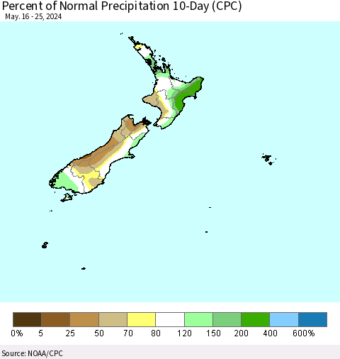 New Zealand Percent of Normal Precipitation 10-Day (CPC) Thematic Map For 5/16/2024 - 5/25/2024