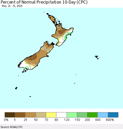 New Zealand Percent of Normal Precipitation 10-Day (CPC) Thematic Map For 5/21/2024 - 5/31/2024