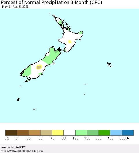New Zealand Percent of Normal Precipitation 3-Month (CPC) Thematic Map For 5/6/2021 - 8/5/2021