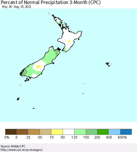 New Zealand Percent of Normal Precipitation 3-Month (CPC) Thematic Map For 5/26/2021 - 8/25/2021