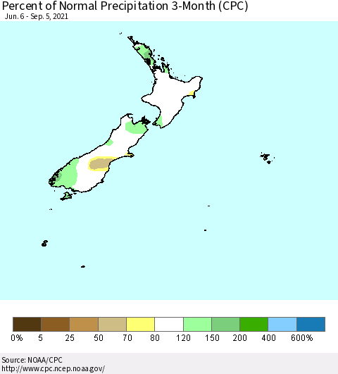 New Zealand Percent of Normal Precipitation 3-Month (CPC) Thematic Map For 6/6/2021 - 9/5/2021