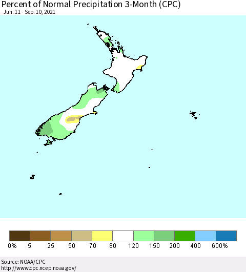 New Zealand Percent of Normal Precipitation 3-Month (CPC) Thematic Map For 6/11/2021 - 9/10/2021