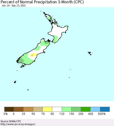 New Zealand Percent of Normal Precipitation 3-Month (CPC) Thematic Map For 6/16/2021 - 9/15/2021
