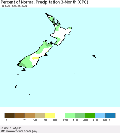 New Zealand Percent of Normal Precipitation 3-Month (CPC) Thematic Map For 6/26/2021 - 9/25/2021