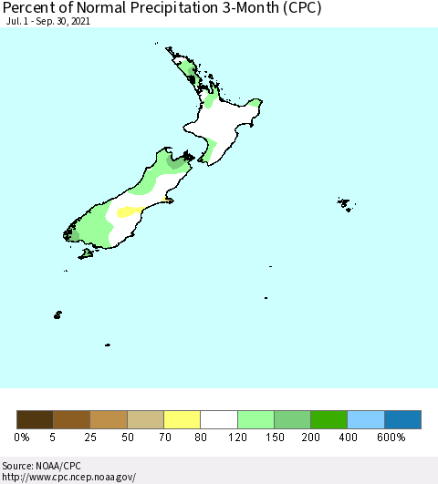 New Zealand Percent of Normal Precipitation 3-Month (CPC) Thematic Map For 7/1/2021 - 9/30/2021