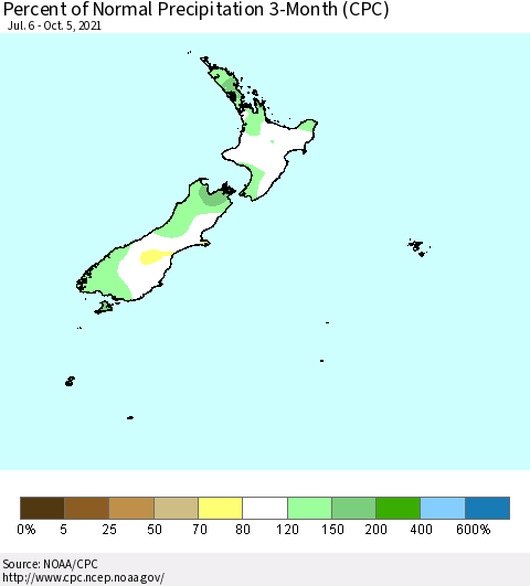 New Zealand Percent of Normal Precipitation 3-Month (CPC) Thematic Map For 7/6/2021 - 10/5/2021