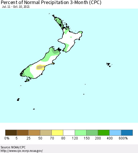 New Zealand Percent of Normal Precipitation 3-Month (CPC) Thematic Map For 7/11/2021 - 10/10/2021