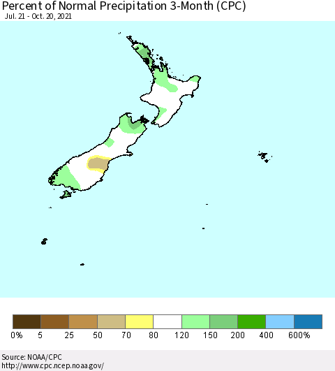 New Zealand Percent of Normal Precipitation 3-Month (CPC) Thematic Map For 7/21/2021 - 10/20/2021