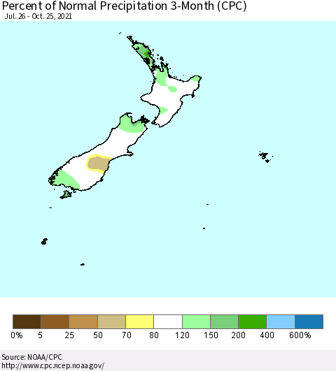 New Zealand Percent of Normal Precipitation 3-Month (CPC) Thematic Map For 7/26/2021 - 10/25/2021