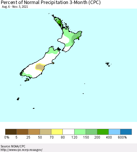 New Zealand Percent of Normal Precipitation 3-Month (CPC) Thematic Map For 8/6/2021 - 11/5/2021
