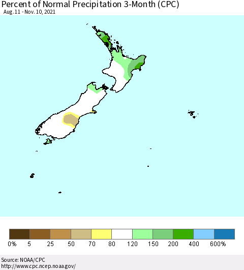 New Zealand Percent of Normal Precipitation 3-Month (CPC) Thematic Map For 8/11/2021 - 11/10/2021