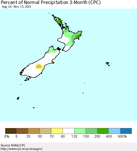 New Zealand Percent of Normal Precipitation 3-Month (CPC) Thematic Map For 8/16/2021 - 11/15/2021