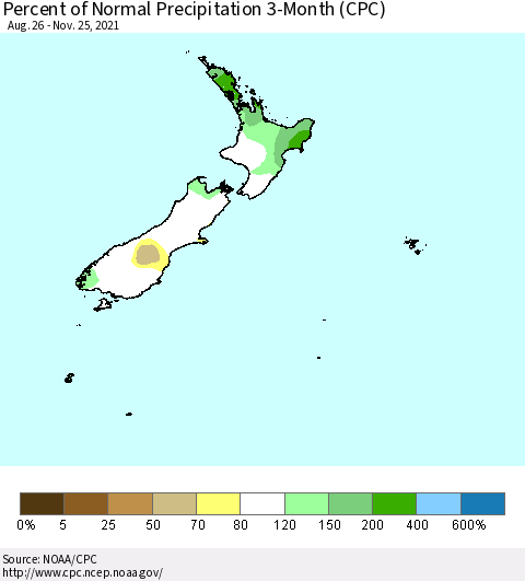 New Zealand Percent of Normal Precipitation 3-Month (CPC) Thematic Map For 8/26/2021 - 11/25/2021