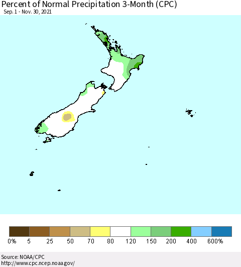 New Zealand Percent of Normal Precipitation 3-Month (CPC) Thematic Map For 9/1/2021 - 11/30/2021