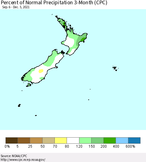 New Zealand Percent of Normal Precipitation 3-Month (CPC) Thematic Map For 9/6/2021 - 12/5/2021