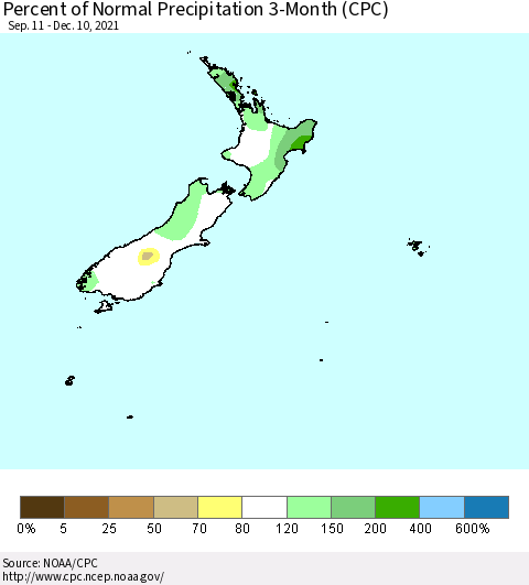 New Zealand Percent of Normal Precipitation 3-Month (CPC) Thematic Map For 9/11/2021 - 12/10/2021