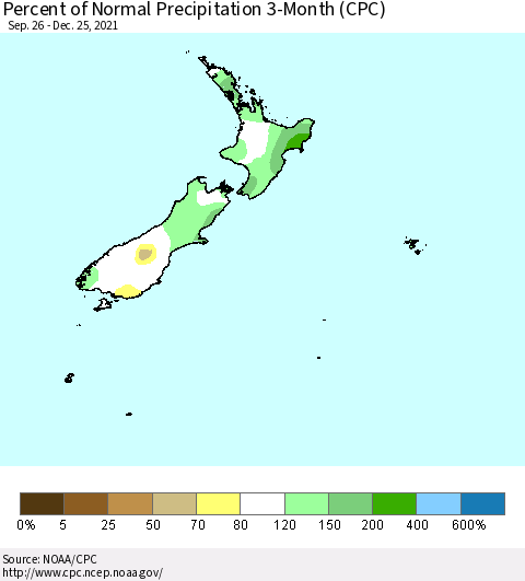 New Zealand Percent of Normal Precipitation 3-Month (CPC) Thematic Map For 9/26/2021 - 12/25/2021