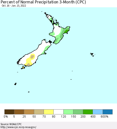 New Zealand Percent of Normal Precipitation 3-Month (CPC) Thematic Map For 10/16/2021 - 1/15/2022