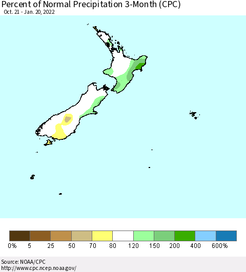 New Zealand Percent of Normal Precipitation 3-Month (CPC) Thematic Map For 10/21/2021 - 1/20/2022