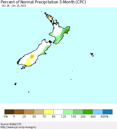 New Zealand Percent of Normal Precipitation 3-Month (CPC) Thematic Map For 10/26/2021 - 1/25/2022