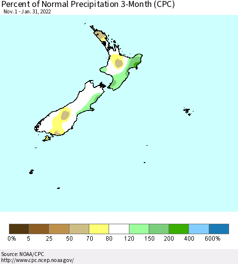 New Zealand Percent of Normal Precipitation 3-Month (CPC) Thematic Map For 11/1/2021 - 1/31/2022