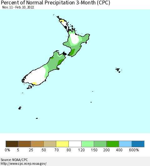 New Zealand Percent of Normal Precipitation 3-Month (CPC) Thematic Map For 11/11/2021 - 2/10/2022