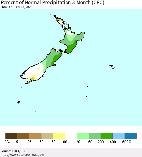 New Zealand Percent of Normal Precipitation 3-Month (CPC) Thematic Map For 11/16/2021 - 2/15/2022