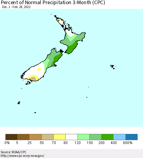 New Zealand Percent of Normal Precipitation 3-Month (CPC) Thematic Map For 12/1/2021 - 2/28/2022