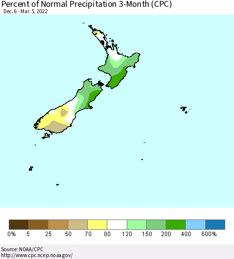 New Zealand Percent of Normal Precipitation 3-Month (CPC) Thematic Map For 12/6/2021 - 3/5/2022