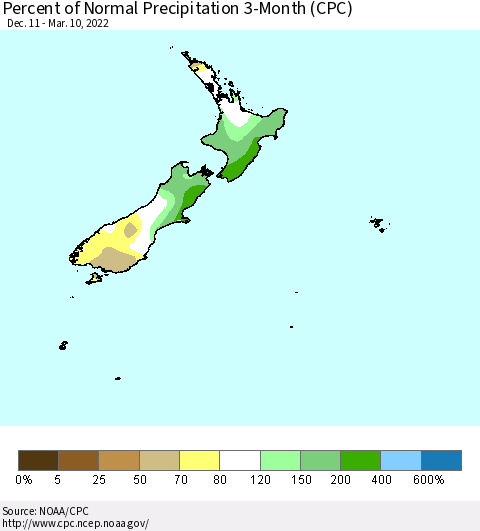 New Zealand Percent of Normal Precipitation 3-Month (CPC) Thematic Map For 12/11/2021 - 3/10/2022