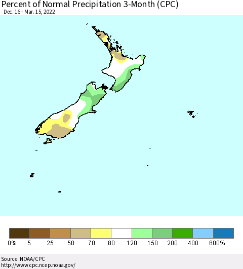 New Zealand Percent of Normal Precipitation 3-Month (CPC) Thematic Map For 12/16/2021 - 3/15/2022
