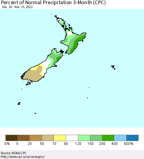 New Zealand Percent of Normal Precipitation 3-Month (CPC) Thematic Map For 12/26/2021 - 3/25/2022