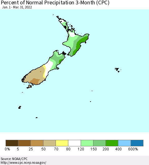 New Zealand Percent of Normal Precipitation 3-Month (CPC) Thematic Map For 1/1/2022 - 3/31/2022