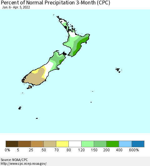 New Zealand Percent of Normal Precipitation 3-Month (CPC) Thematic Map For 1/6/2022 - 4/5/2022